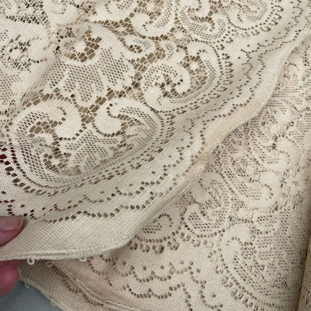 Vintage Pennicraft  cream tan colored lace table cloth rectangle 84” x 64”.